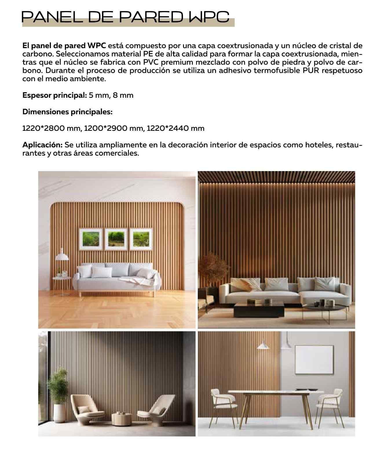 Ficha técnica de paneles de pared de WPC, con especificaciones técnicas 