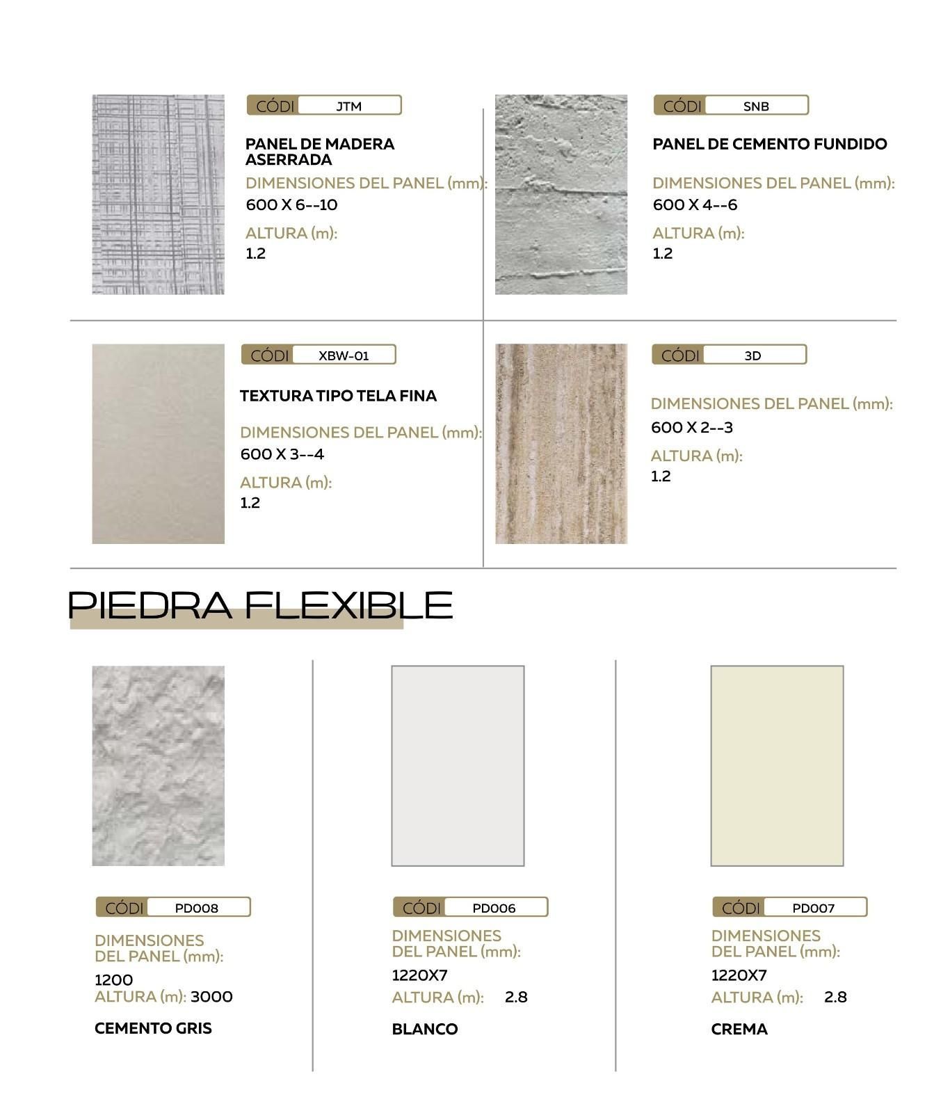 Un catálogo de productos que muestra muestras y especificaciones de paneles