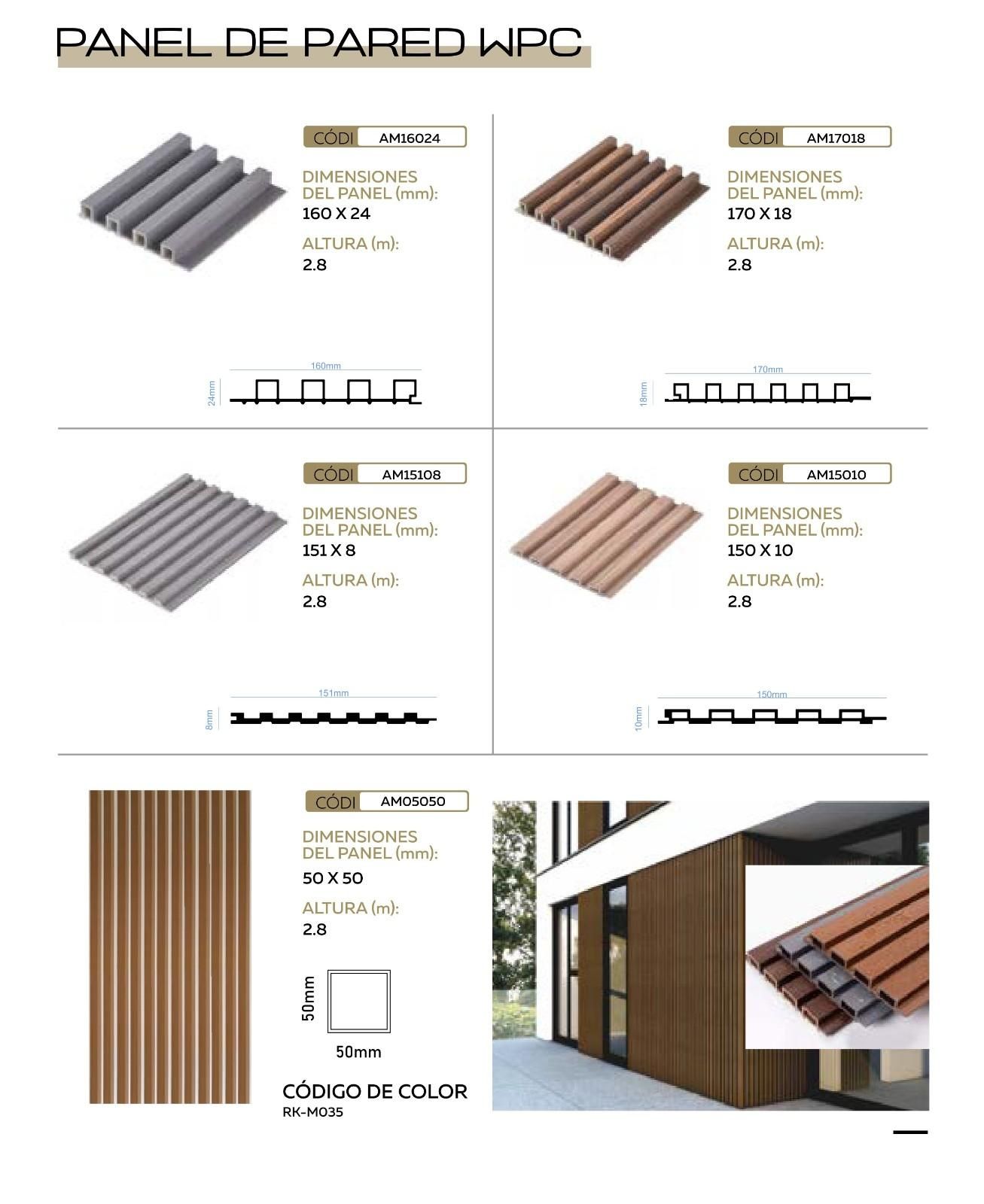 Catálogo de paneles de pared de WPC en varios colores y tamaños