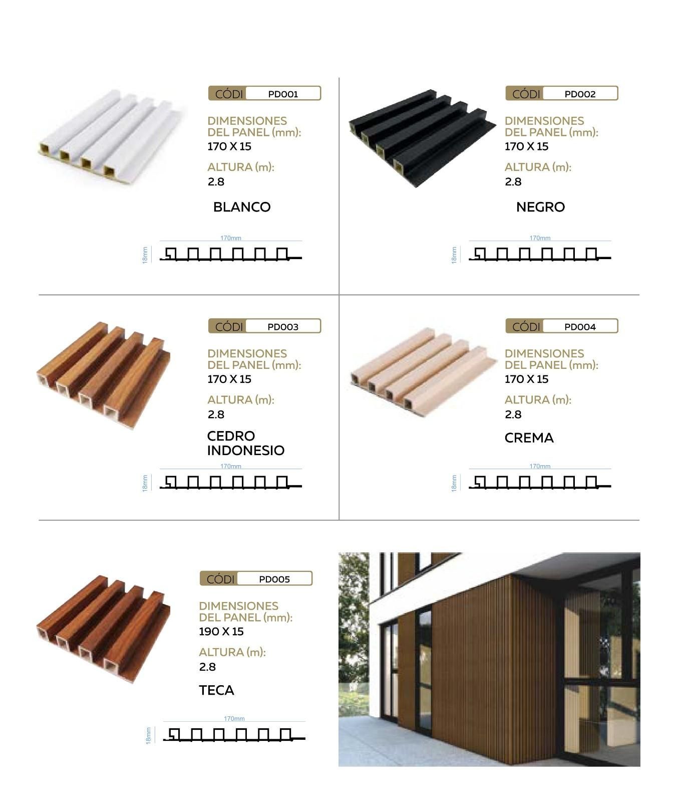 Catálogo de productos que muestra cinco colores de paneles de pared 