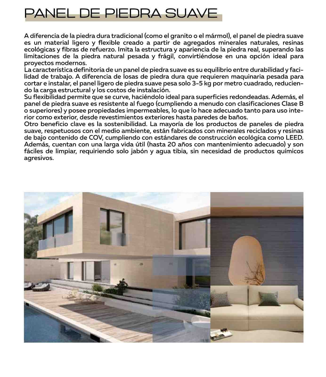 Texto sobre paneles de piedra flexibles junto a fotografías del exterior 