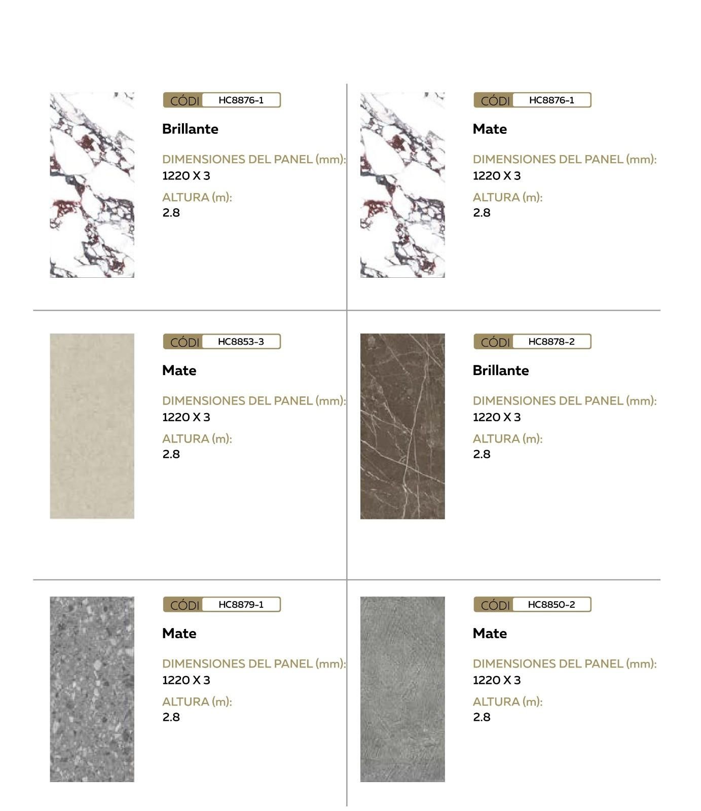 Un catálogo con seis opciones de baldosas, con códigos