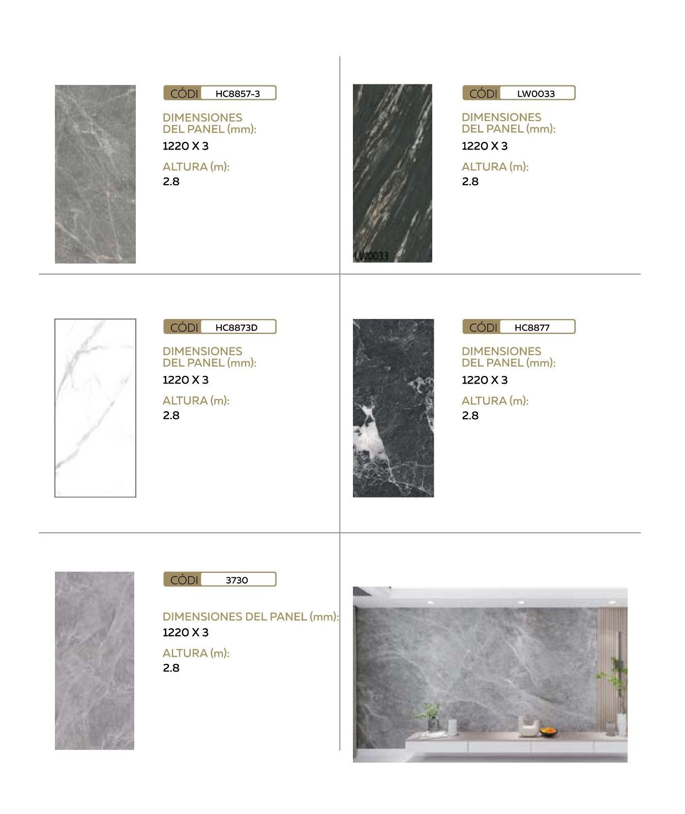 Página del catálogo que muestra cinco paneles de pared con aspecto de piedra 