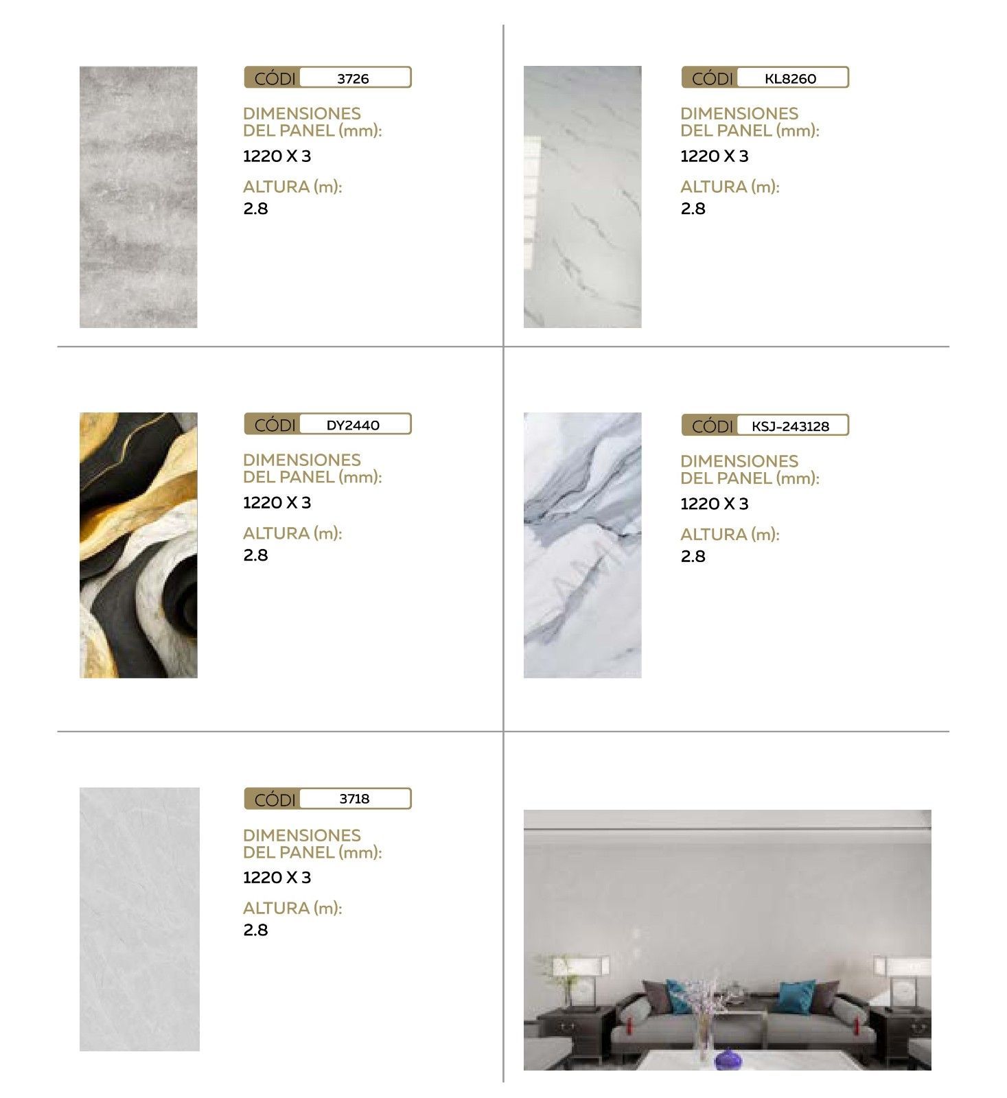 Un catálogo de productos que muestra cinco texturas de paneles decorativos 