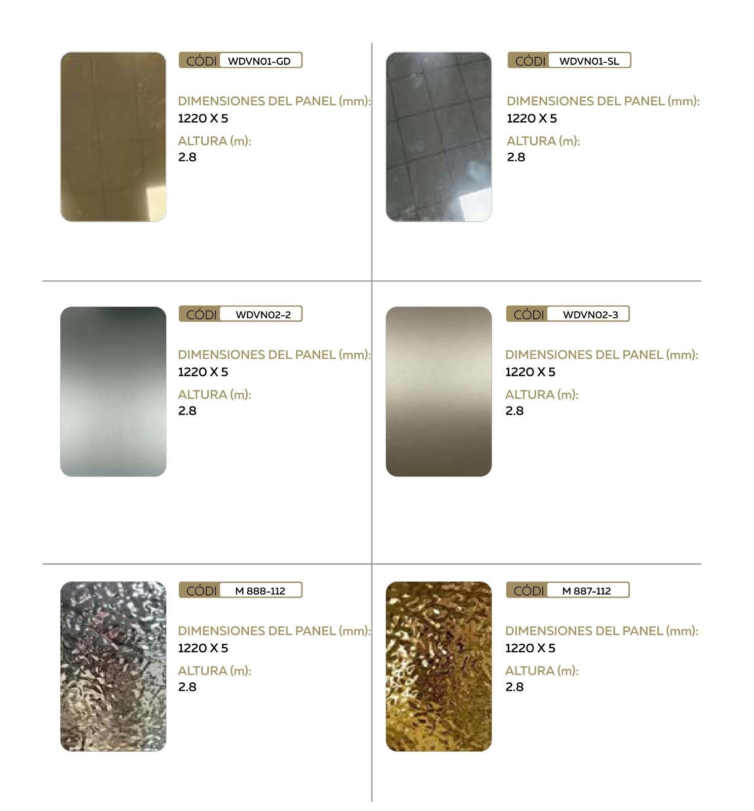 Un catálogo con seis muestras de paneles metálicos, con especificaciones de color, textura y dimensiones para cada artículo.