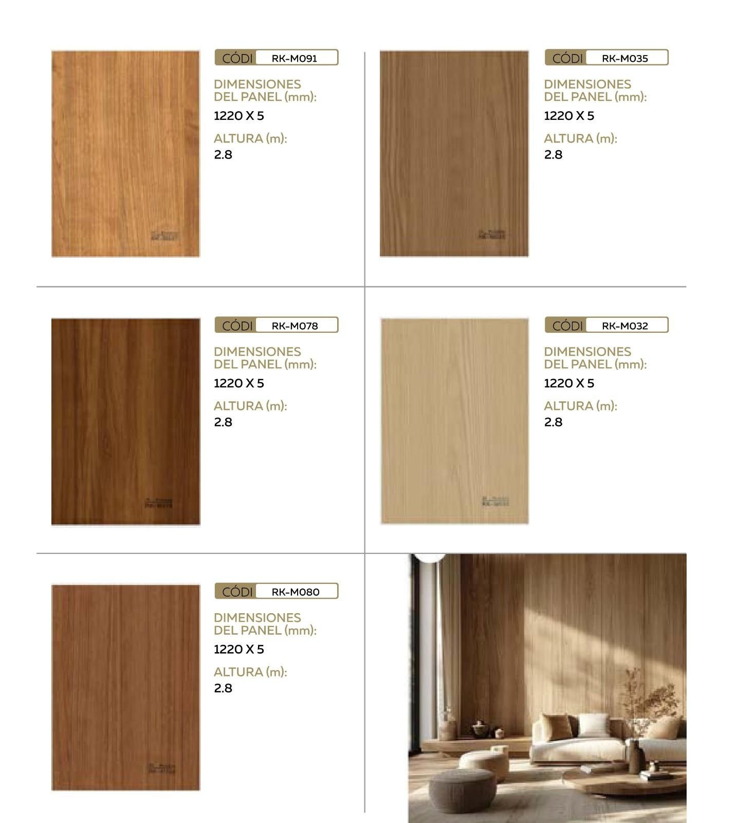 Un catálogo de productos que muestra cinco opciones de paneles de pared 