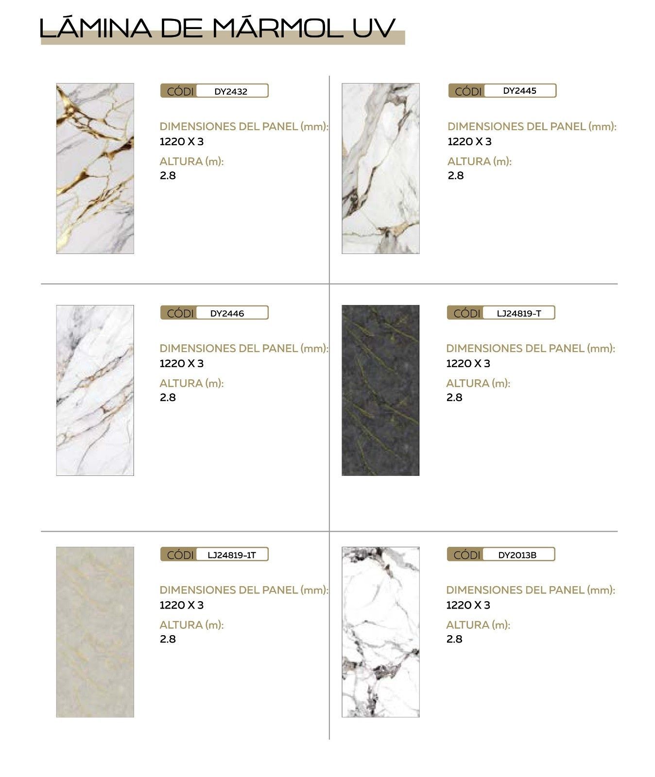Página del catálogo que muestra seis muestras de láminas de mármol UV 