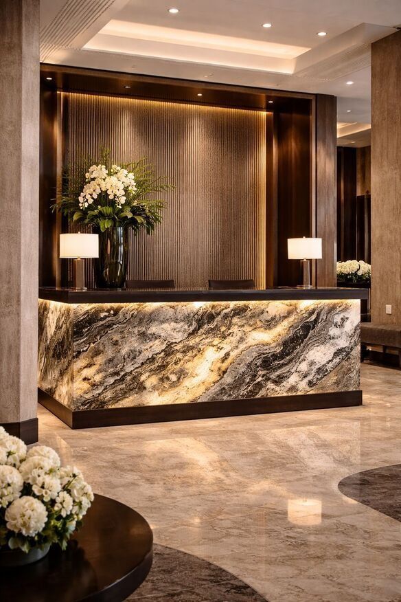 Un elegante mostrador de recepción de hotel con un frontal de piedra 