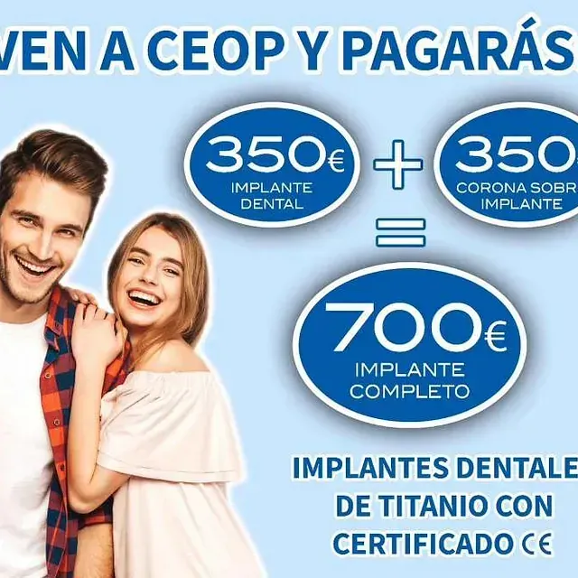Un hombre y una mujer están uno al lado del otro en un cartel que dice implantes dentales de titanio con certificado ce