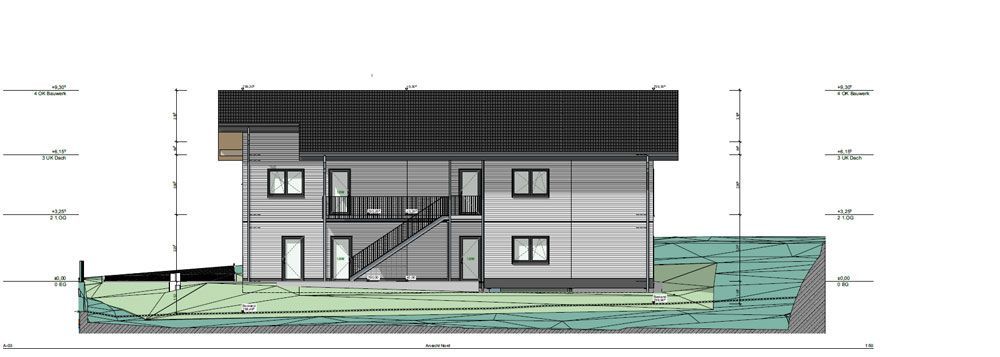 Architektonische Zeichnung eines zweistöckigen Hauses mit schwarzem Dach und Außentreppe, gelegen auf einem grünen, grasbewachsenen Hügel.