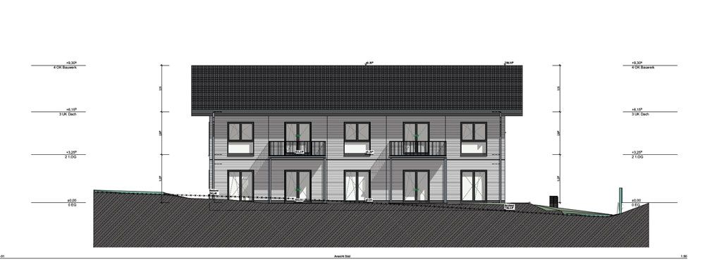 Architektonische Ansichtszeichnung eines Mehrfamilienhauses mit Schrägdach.