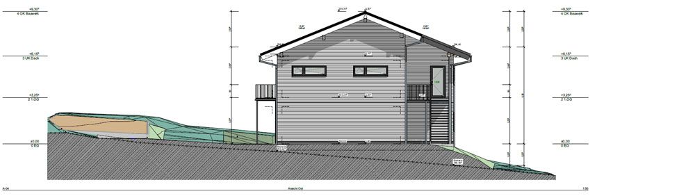 Architektonische Zeichnung eines zweistöckigen Hauses mit schrägem Dach, das in einen Hang gebaut ist.