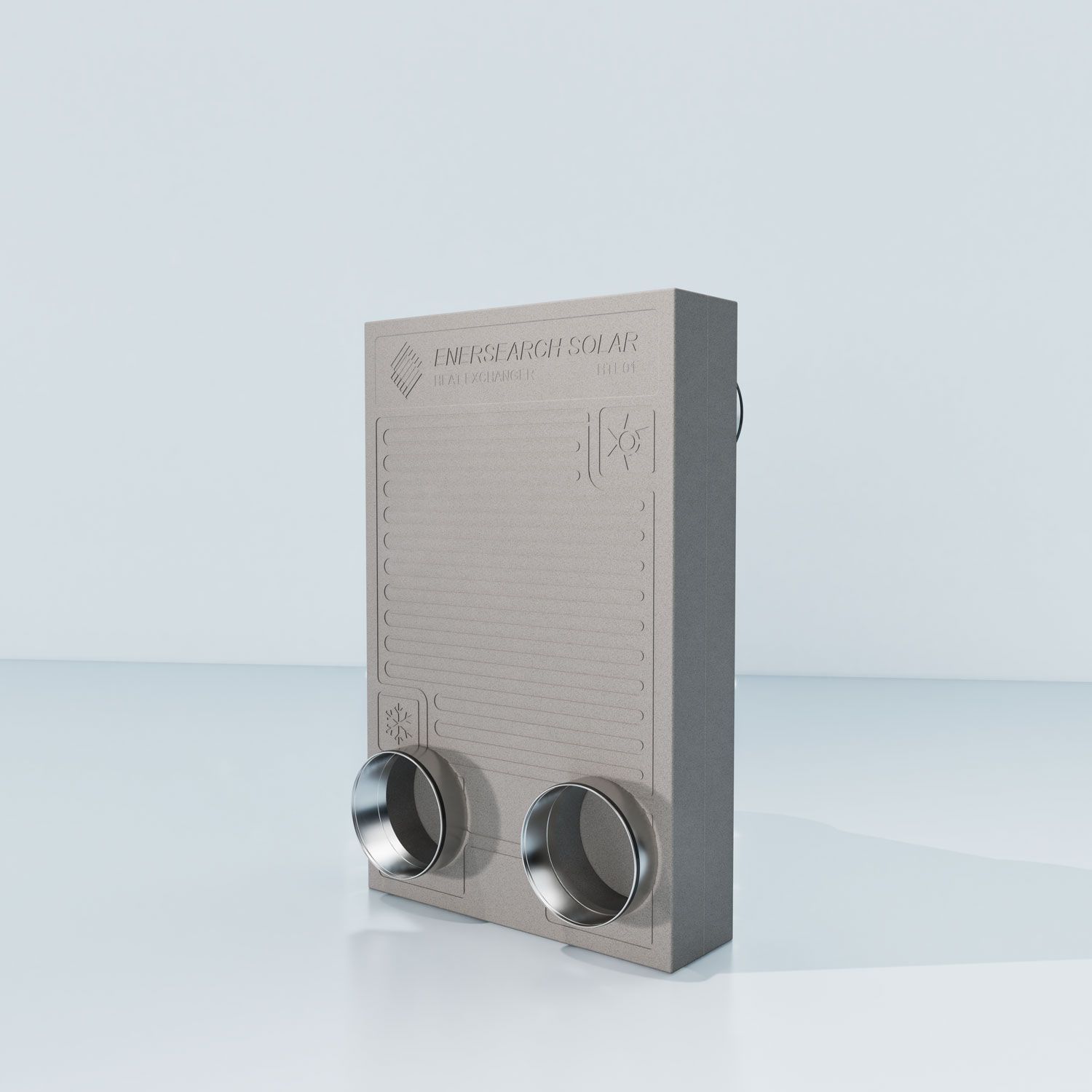 Graue, rechteckige Lüftungseinheit mit zwei runden Öffnungen auf weißem Hintergrund.