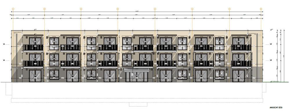 Architektonische Ansichtszeichnung eines mehrgeschossigen Gebäudes mit Balkonen und Fenstern.