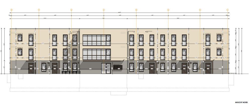 Architektonische Ansichtszeichnung eines Mehrfamilienhauses mit hell- und dunkelbeigen Fassaden, Fenstern und Türen.