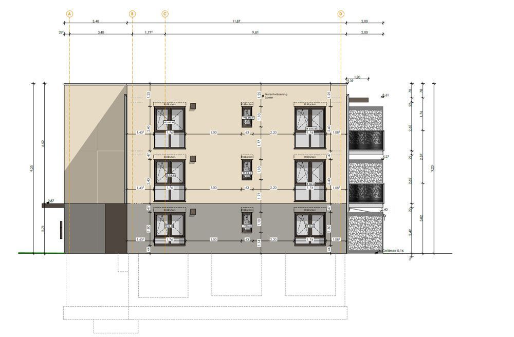 Ansichtszeichnung eines mehrstöckigen Gebäudes mit Balkonen, Fenstern und unterschiedlichen Wandfarben.