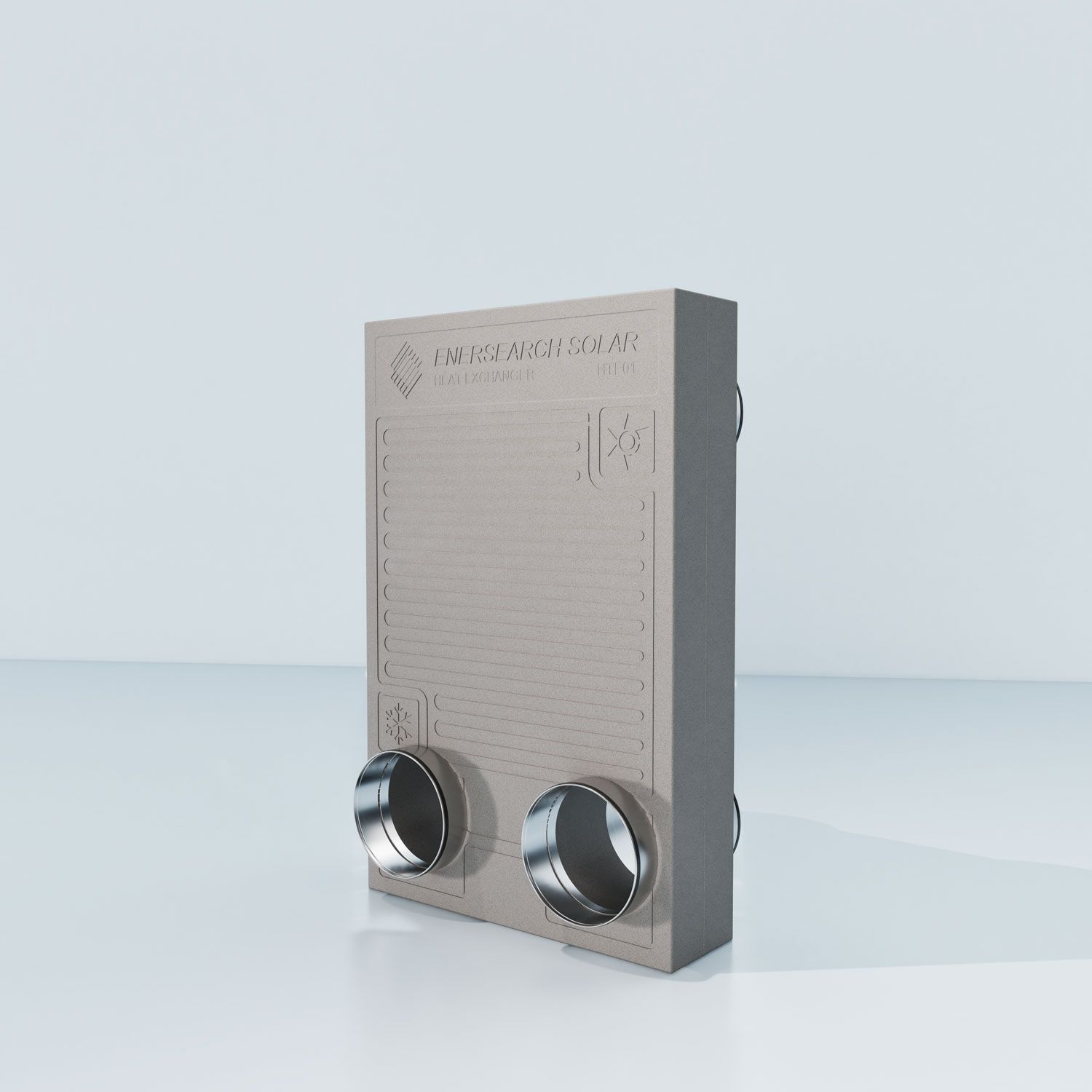 Hellbraunes, rechteckiges Gerät mit zwei silbernen, kreisförmigen Öffnungen. Auf weißem Untergrund.