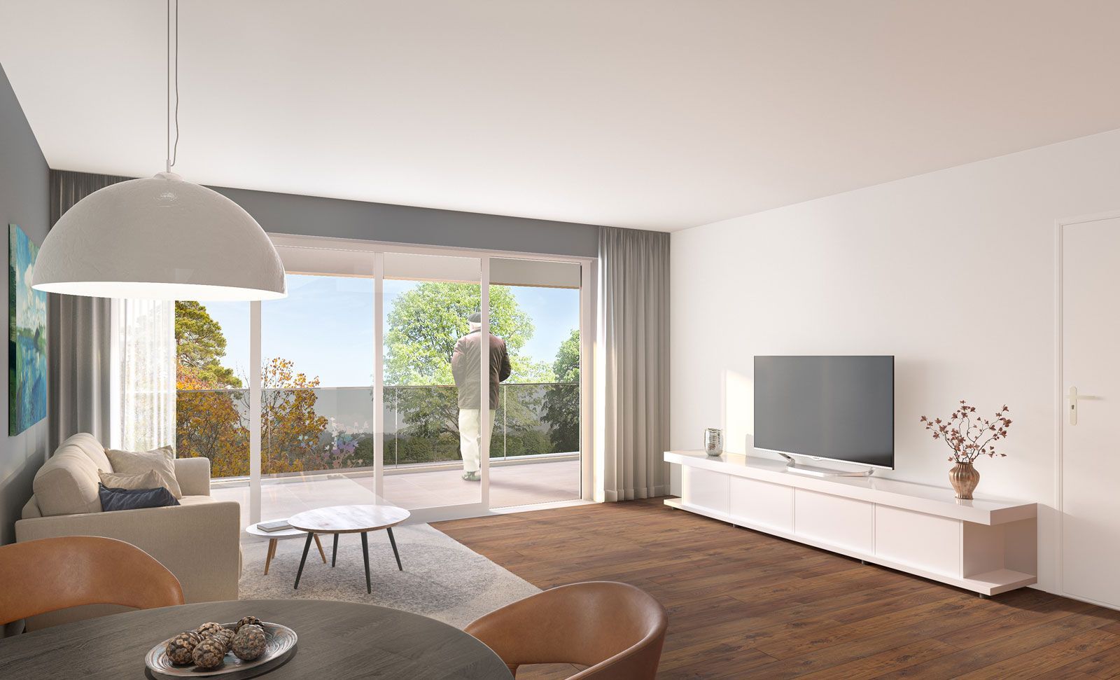 Modernes Wohnzimmer mit Glasschiebetüren zum Balkon, braunem Holzboden und Möbeln in neutralen Farbtönen.