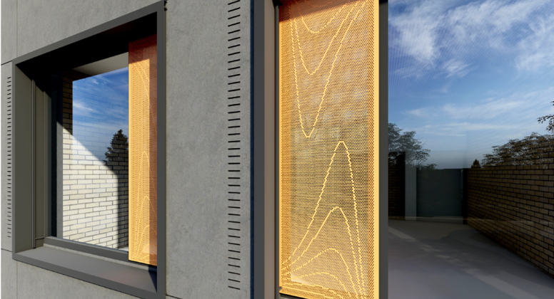 Außenansicht eines Gebäudes mit einem Fenster, das den Himmel zeigt, und einer dekorativen Holzvertäfelung.