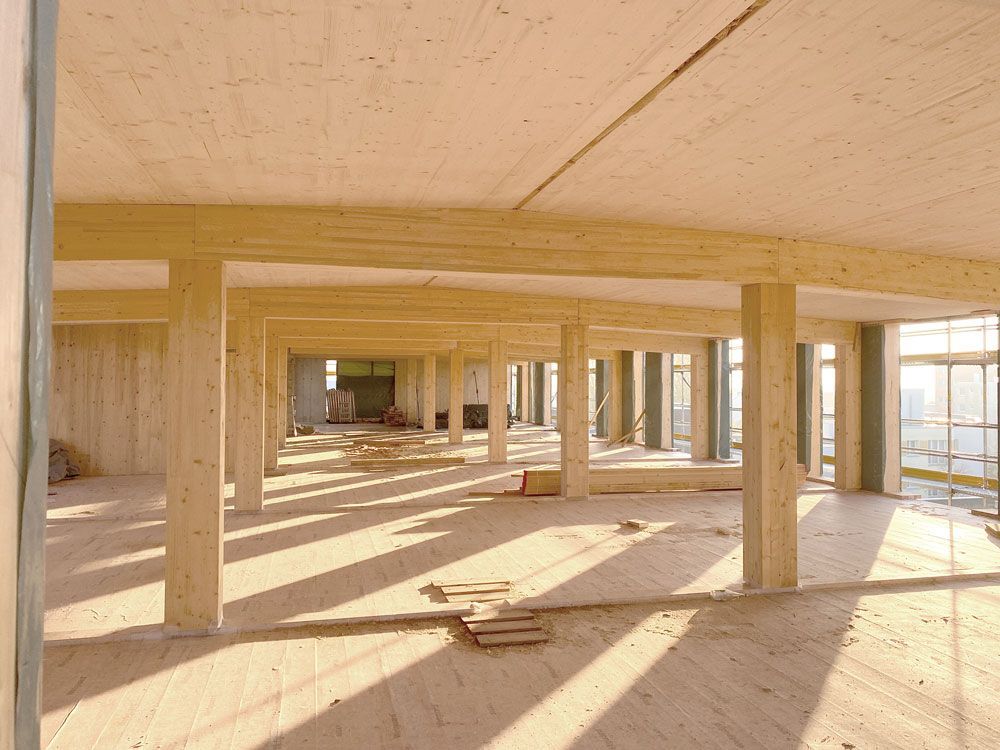 Innenansicht eines großen, unfertigen Gebäudes mit Betonpfeilern, Balken und großen Fenstern, die Schatten werfen.