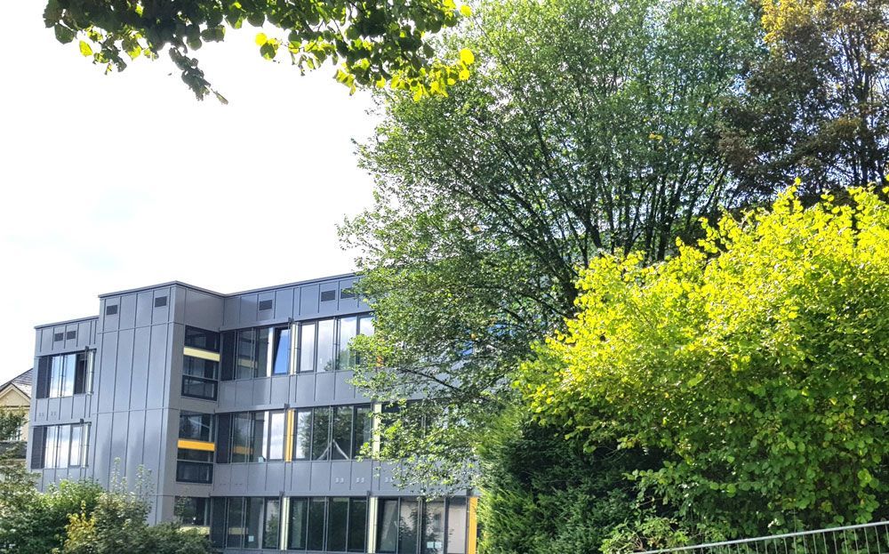 Modernes Gebäude in Grau und Gelb mit großen Fenstern, teilweise von grünen Bäumen verdeckt.