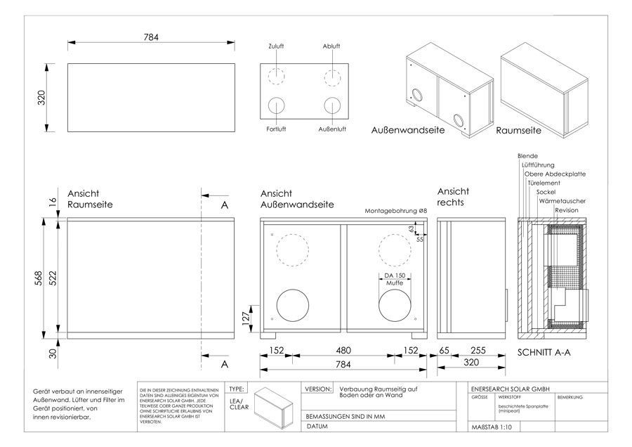 Eine Schwarzweißzeichnung einer Box mit Maßangaben auf weißem Hintergrund.