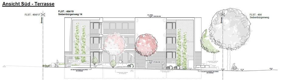 Architektonische Zeichnung eines mehrstöckigen Gebäudes mit Bäumen und Landschaftsgestaltung.