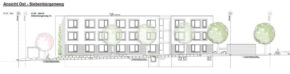 Architektonische Ansicht eines mehrgeschossigen Gebäudes mit mehreren Fenstern, Bäumen und Landschaftsgestaltung.