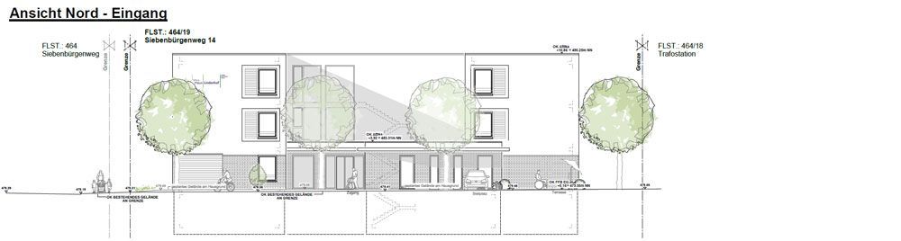 Architektonische Zeichnung eines zweistöckigen Hauses auf einem Hanggrundstück mit Satteldach und Balkon.