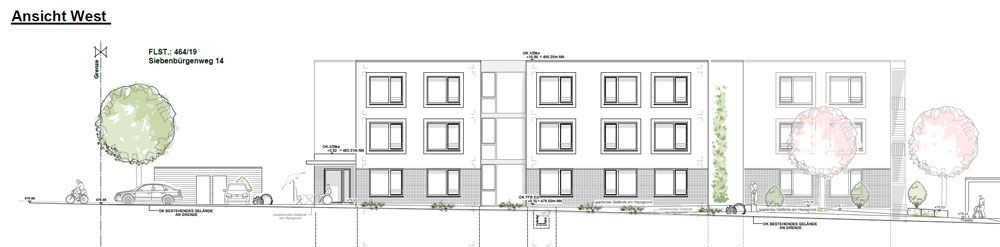 Architektonische Zeichnung eines dreistöckigen Gebäudes mit mehreren Fenstern, Landschaftsgestaltung und einem Baum.