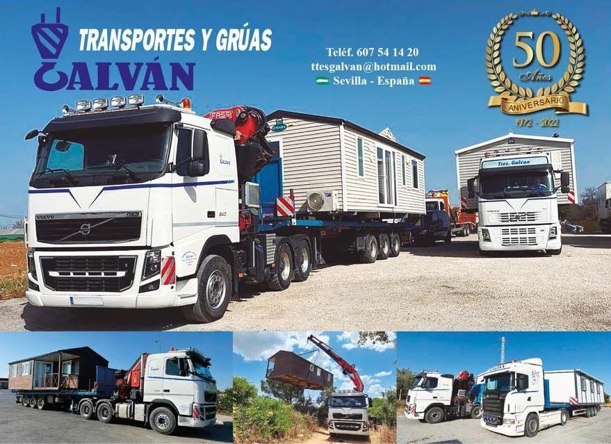 Un collage de imágenes de un camión con las palabras "transportes y grúas galvan" en él.