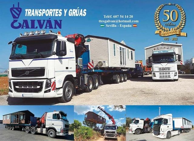 Un collage de imágenes de un camión con las palabras "transportes y grúas galvan" en él.