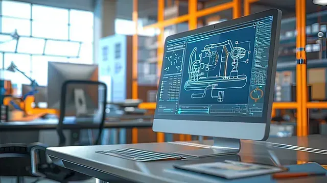 Una computadora está sobre un escritorio en una oficina con un plano en la pantalla.