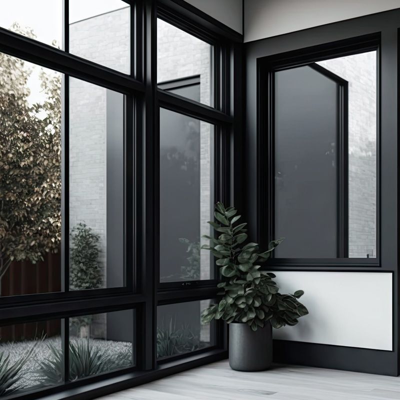 Interior con grandes ventanales con marco negro, una planta en maceta y vista a un patio exterior con vegetación.