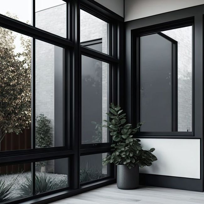 Interior con grandes ventanales con marco negro, una planta en maceta y vista a un patio exterior con vegetación.