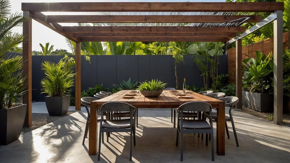 Comedor exterior en el patio con mesa de madera, sillas, pérgola y plantas en macetas, bañado por la luz del sol.