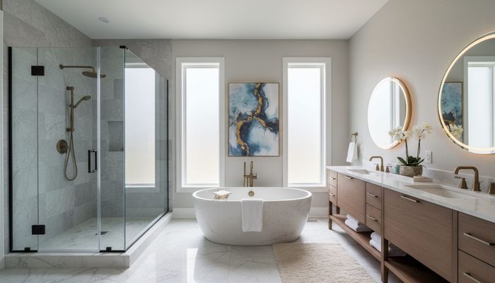 Baño moderno con ducha de cristal, bañera independiente, lavabo doble y dos espejos redondos.