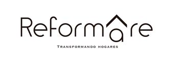 Logotipo de Reformare en negro con un tejado de casa estilizado sobre la “m” y un pequeño eslogan debajo.