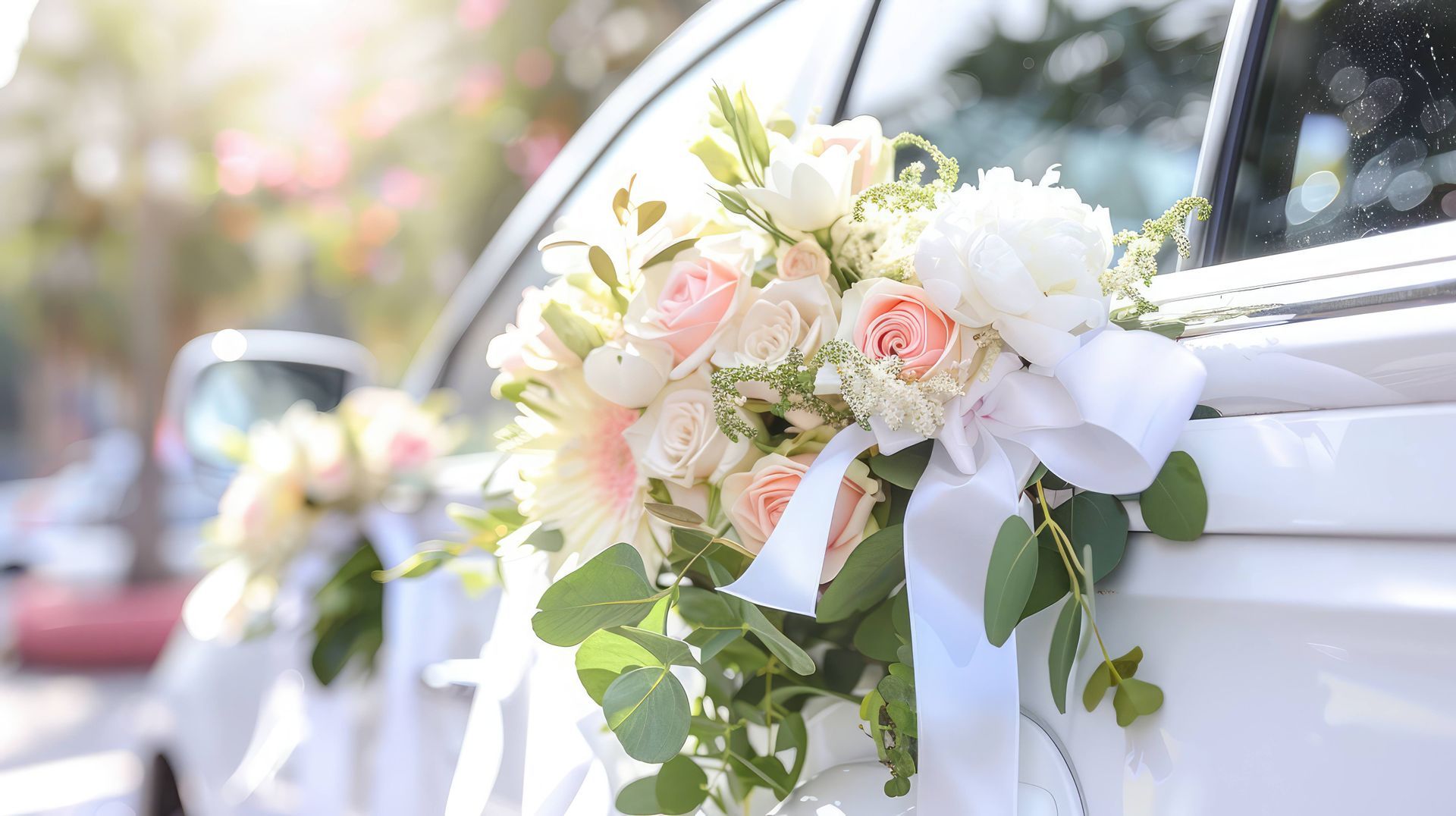 Voiture blanche décorée de bouquets de fleurs et de rubans, probablement pour un mariage.