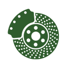 Un icono verde y blanco de un disco de freno sobre un fondo blanco.