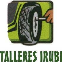 Logotipo de talleres irubi con un neumático y una mano