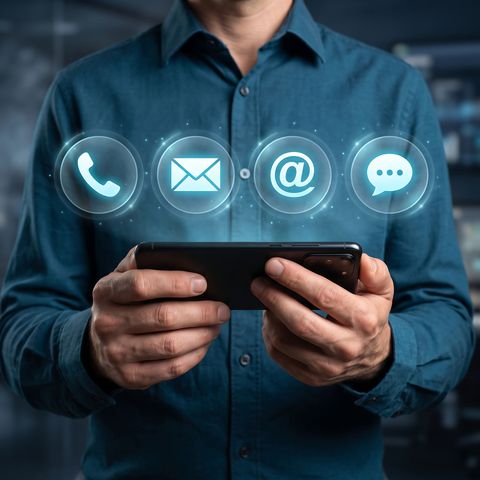 Une personne tenant un smartphone avec des icônes de contact lumineuses pour appeler, envoyer un e-mail, discuter et envoyer un message au-dessus.