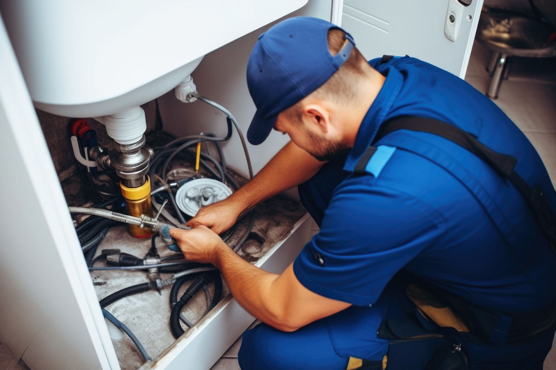 Un technicien en uniforme bleu répare la plomberie sous un évier à l'aide d'outils et de tuyaux apparents.