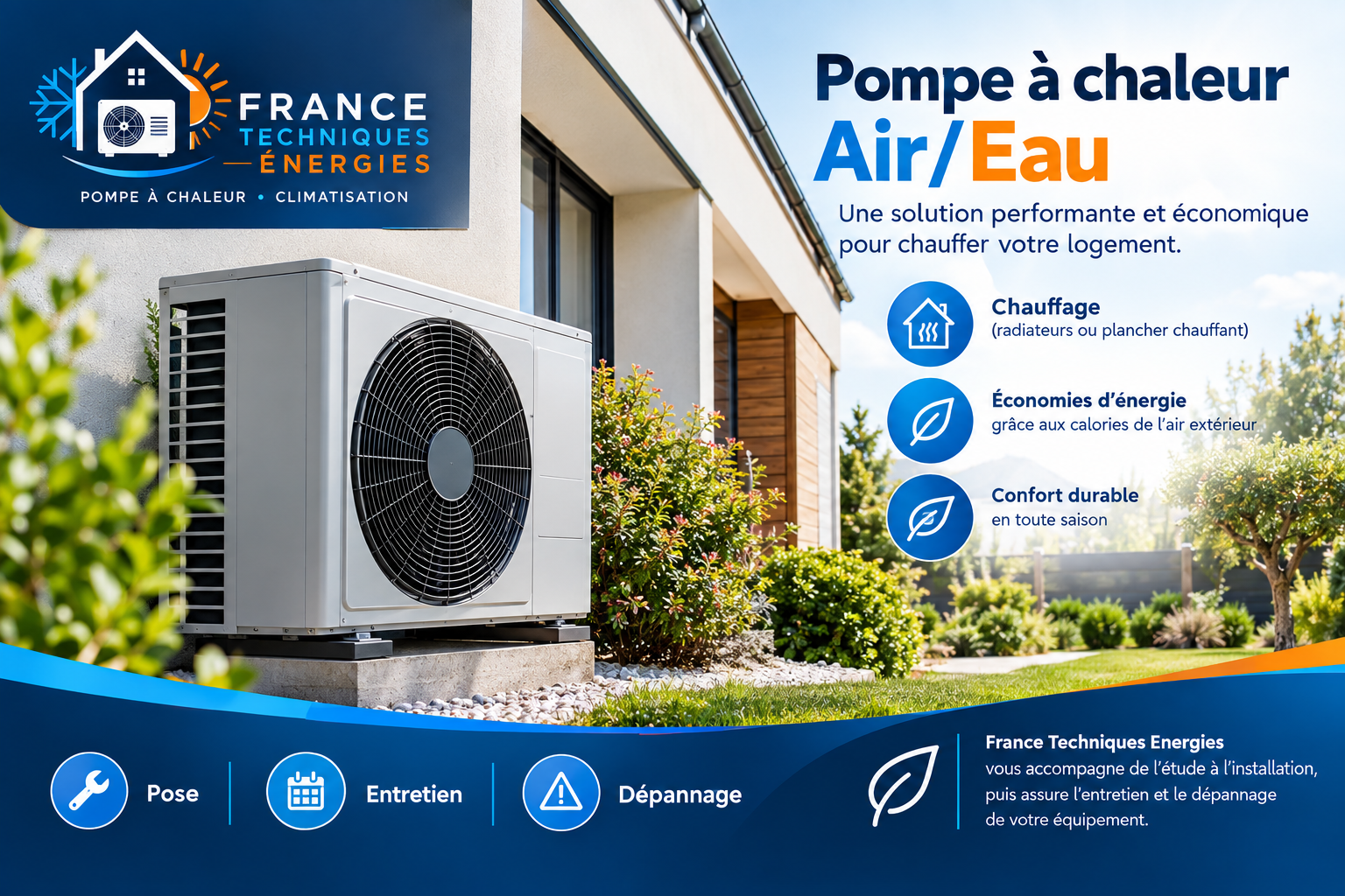 Publicité française pour une pompe à chaleur avec unité extérieure à côté d'une maison, mise en page bleue et blanche et icônes de fonctionnalités.