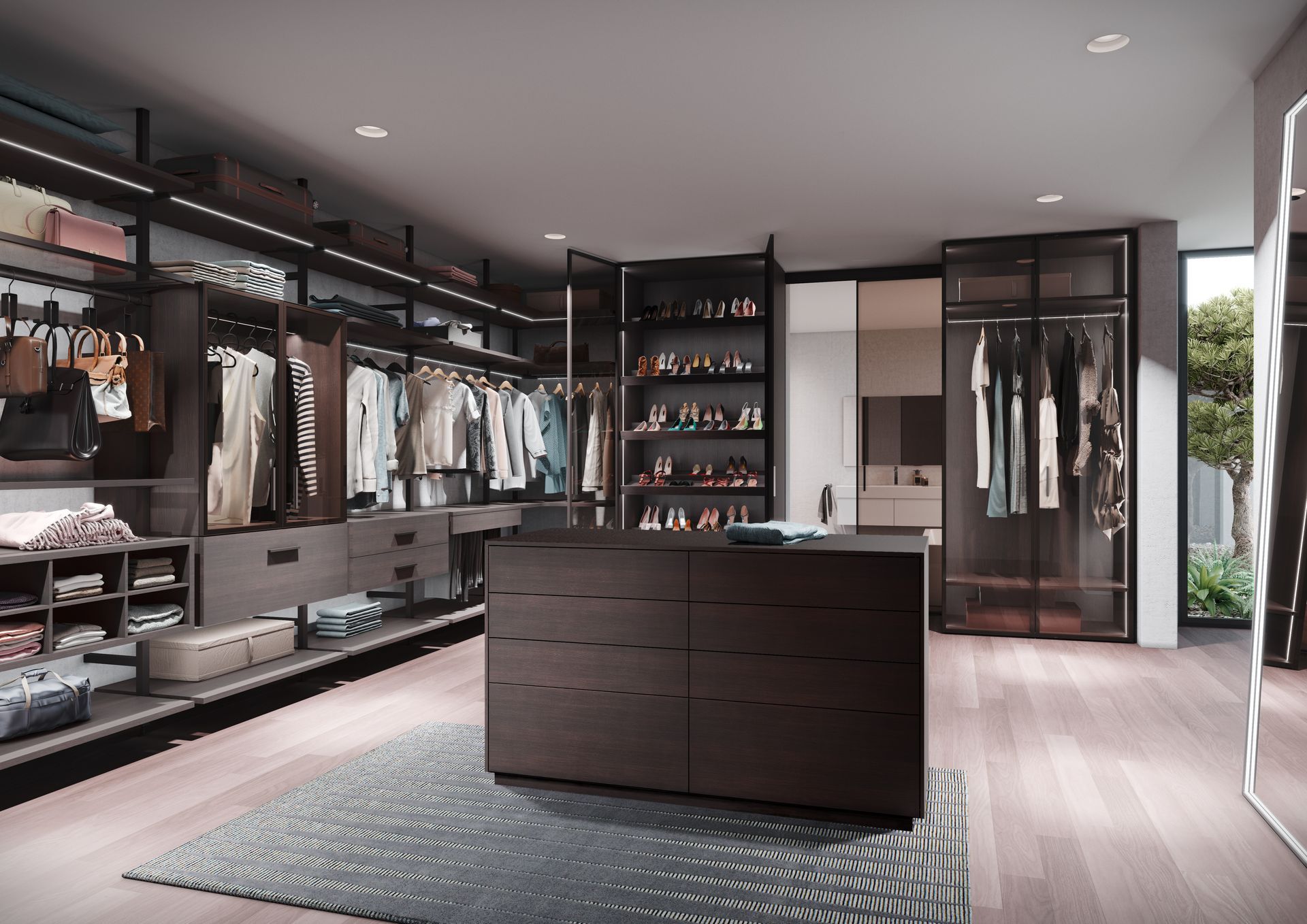 Begehbarer Einbauschrank nach Maß mit dunklem Holz, Mittelinsel und großzügigem Stauraum.