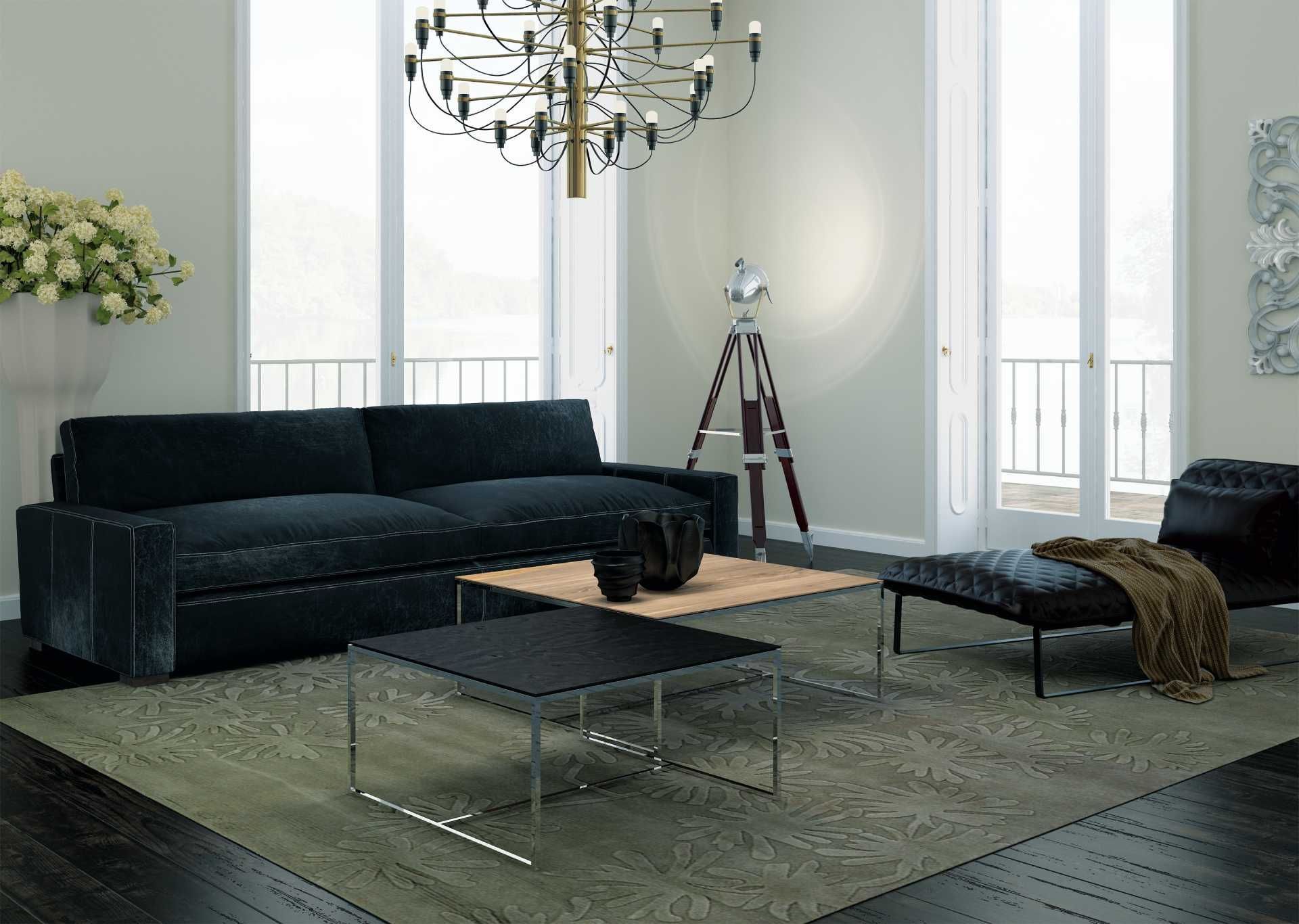 Levo rechteckige Couchtische mit Metallgestell in einem eleganten Wohnzimmer mit dunklem Sofa