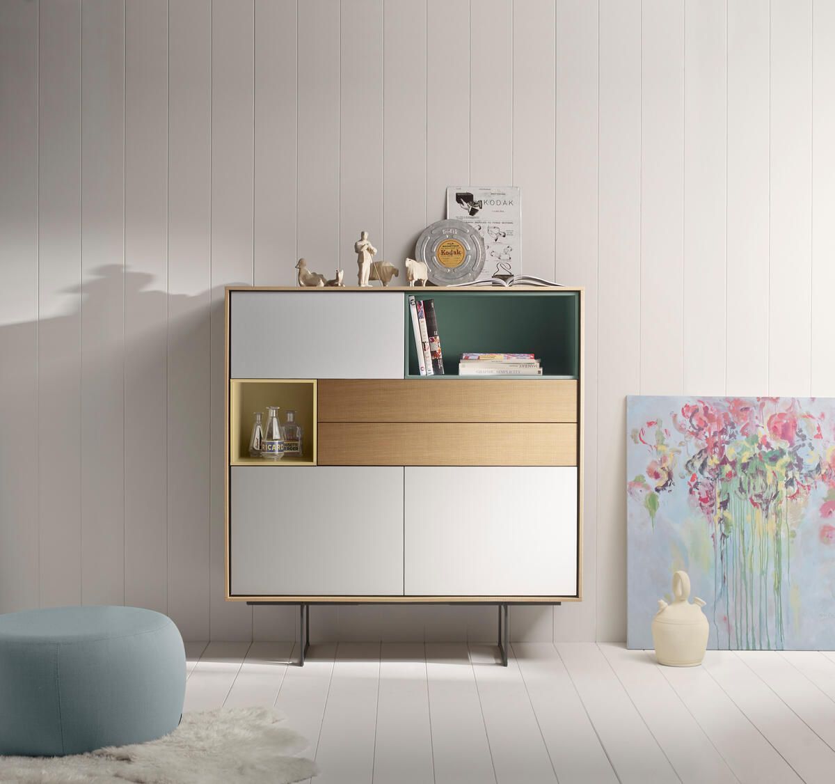 Treku Aura stylishes Sideboard in Weiß, Holz und Mintgrün