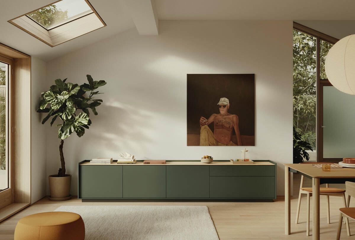 Treku Aura modernes Sideboard in dunklem Grün in hellemRaum