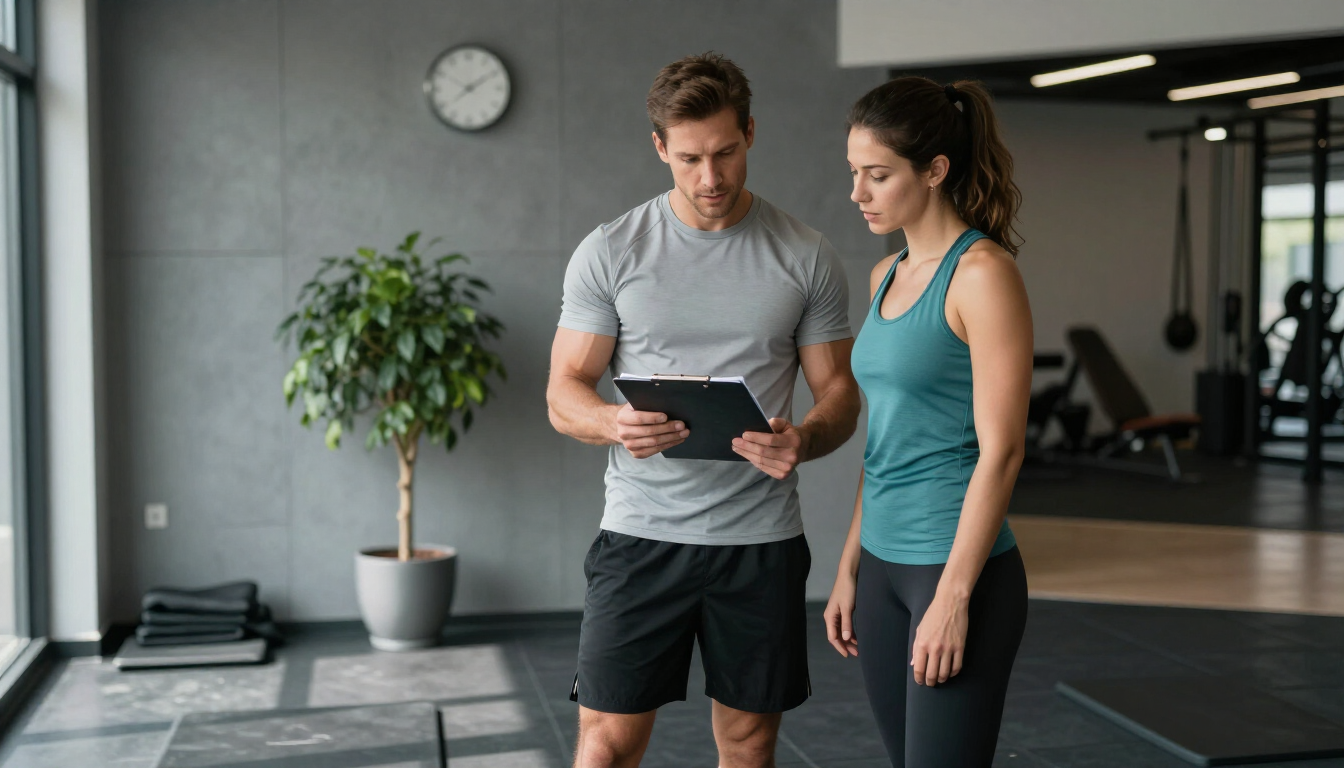 Entrenador y cliente revisando una tableta en un gimnasio.
