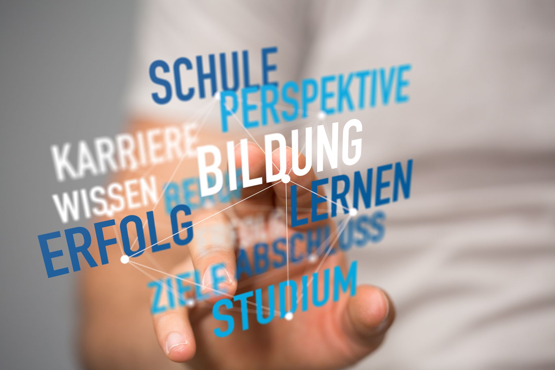 Text on a gray background: Perspektive, Wissen, Weiterbildung, Ausbildung, Erfolg, Kurse, Zukunft.